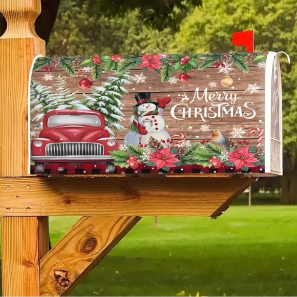 1pc Merry Christmas Country Holiday Snowman Red Truck Magnetic Mailbox Cover - Picture 3 of 9